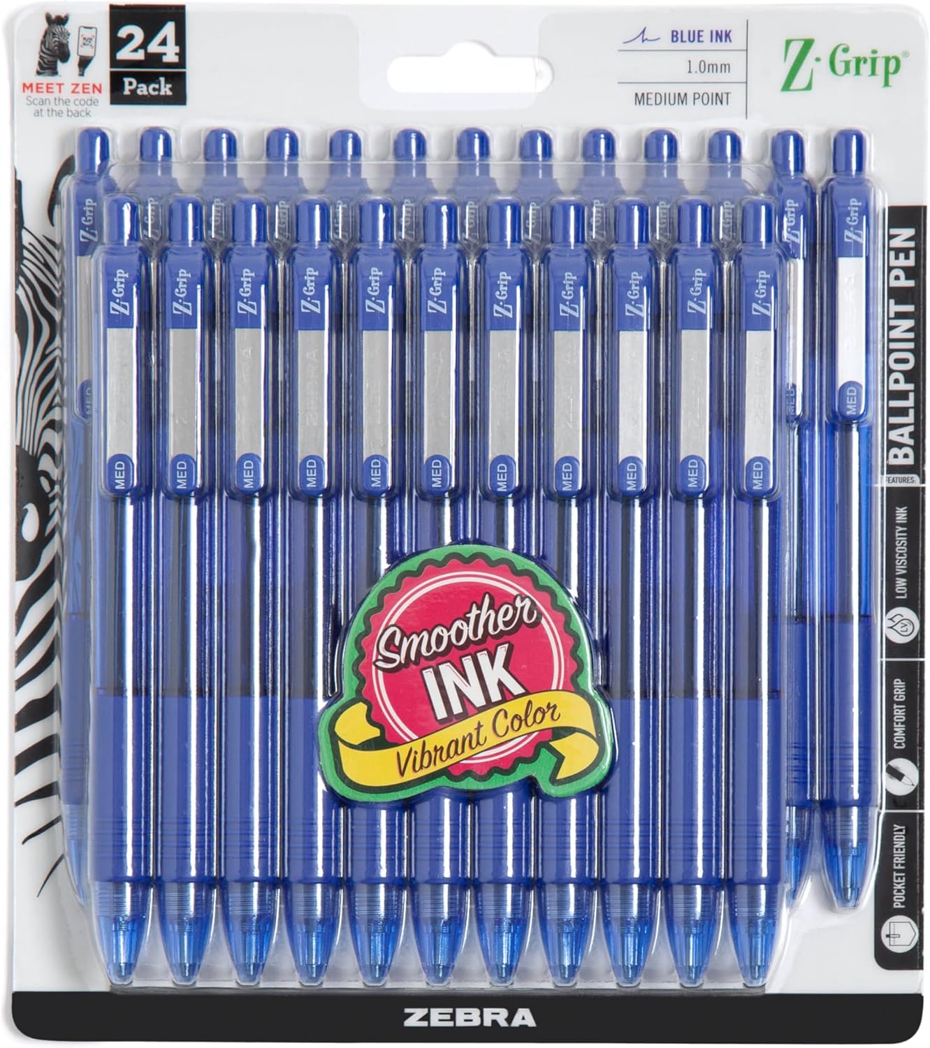 Zebra Pen Z-Grip Retractable Ballpoint Pen, Smooth-Flowing Black Ink, 1.0mm Medium Point, School & Office Supplies, Ideal for Note-Taking, Journal and Planner Use, 18-Pack (22218)