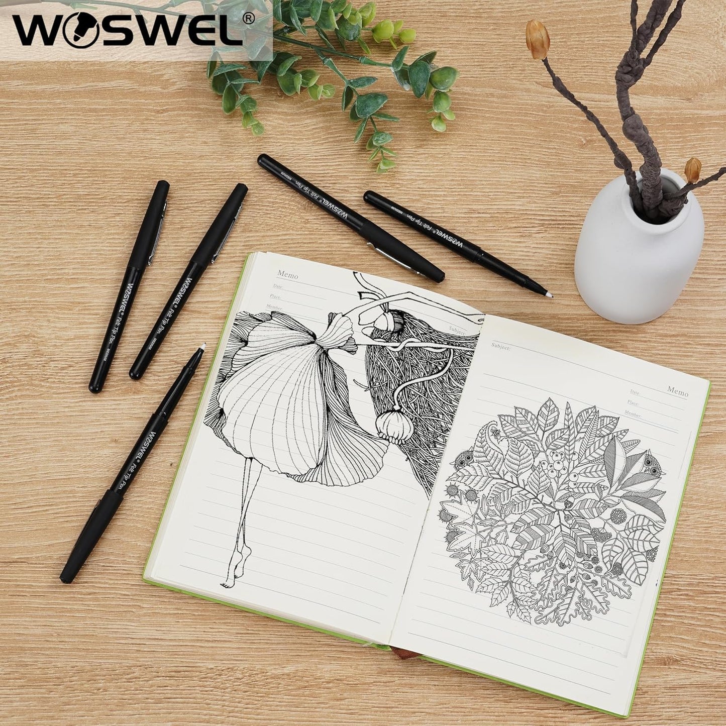 WOSWEL Black Felt Tip Pens, 32 Black Pens, 0.7mm Medium Point Felt Tip Markers Pens for Journaling, Note Taking, Planner, Writing,Drawing.Perfect for Art Office and School Supplies