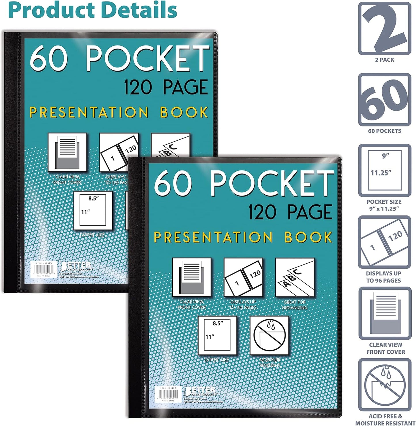 Better Office Products 60 Pocket Bound Black Presentation Book, with Clear View Front Cover, 120 Sheet Protector Pages, 8.5" x 11" Sheets, Art Portfolio, Durable Poly Covers, Letter Size