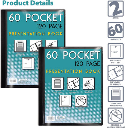 Better Office Products 60 Pocket Bound Black Presentation Book, with Clear View Front Cover, 120 Sheet Protector Pages, 8.5" x 11" Sheets, Art Portfolio, Durable Poly Covers, Letter Size