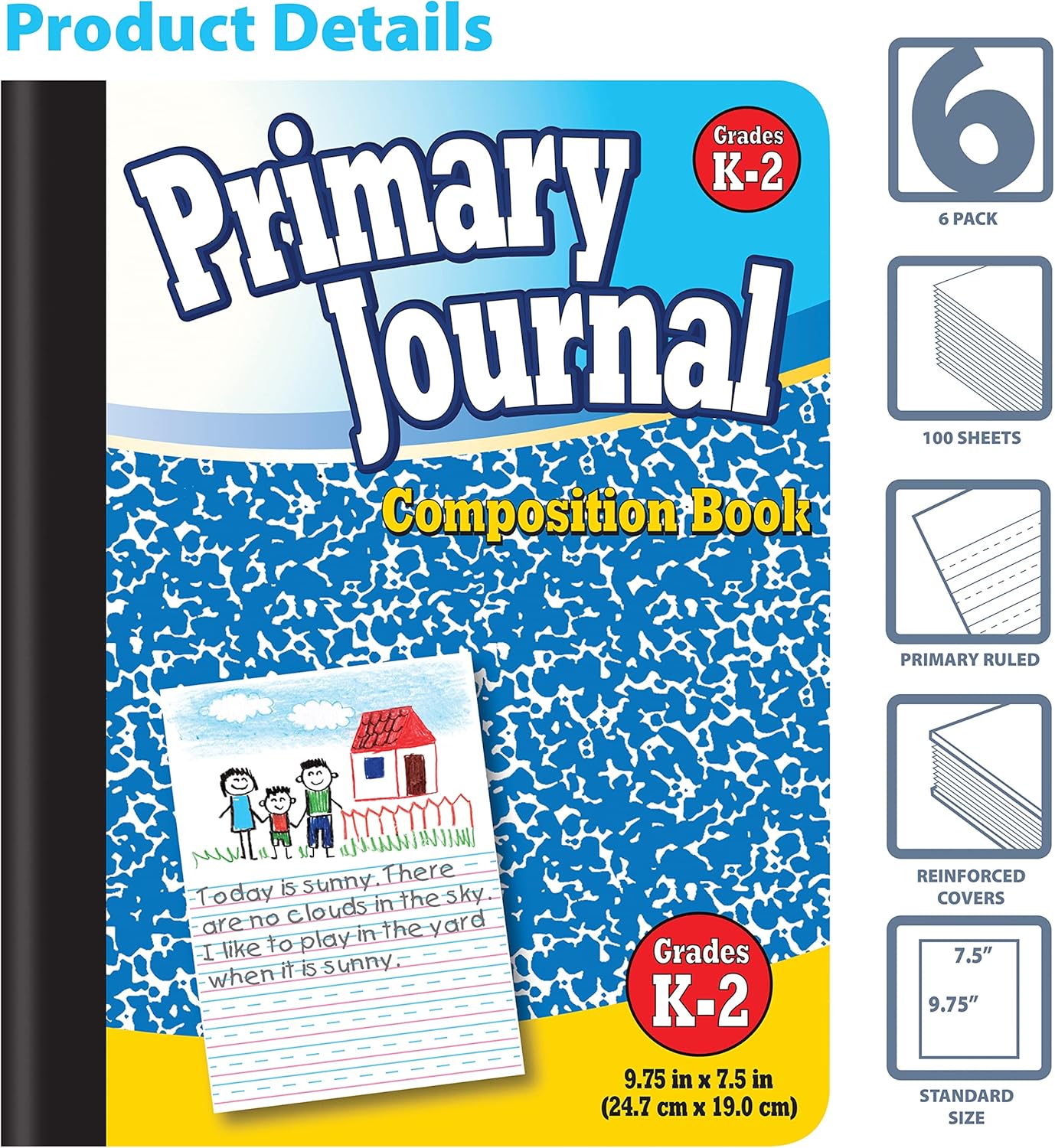 Better Office Products Primary Journal, Hardcover, Primary Composition Book Notebook - Grades K-2, 100 Sheet, One Subject, primary composition notebook with picture space