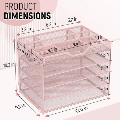 Docnest 5 Tier Letter Tray with Hanging File Organizer-Mesh Desk Organizer-Desktop Storage Box Built in Pen Holder and Handles, File Folder Holder for Mail Documents Office Supplies-Black