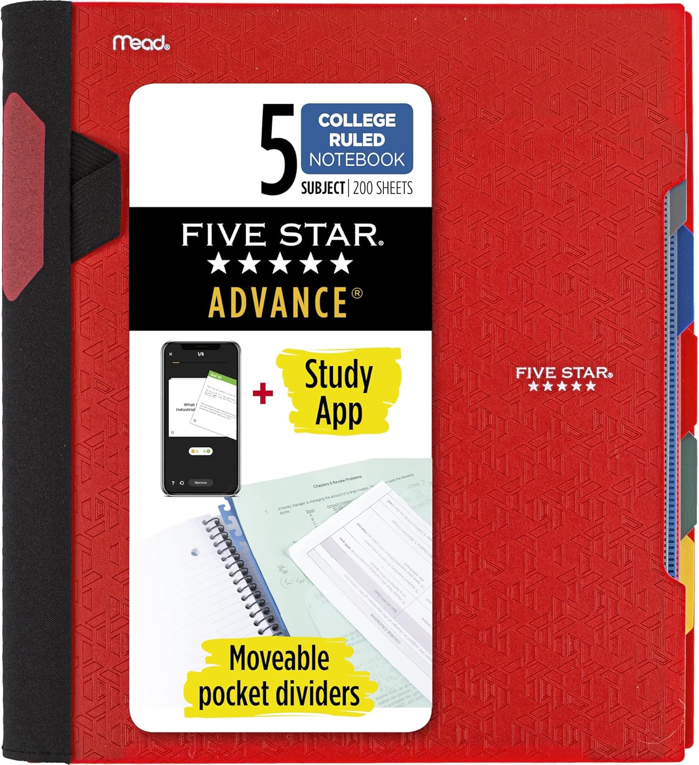 Five Star Advance Spiral Notebook + Study App, 5 Subject, College Ruled Paper, 8-1/2" x 11", 200 Sheets, Spiral Guard, Movable Tabbed Dividers, Black (73144)