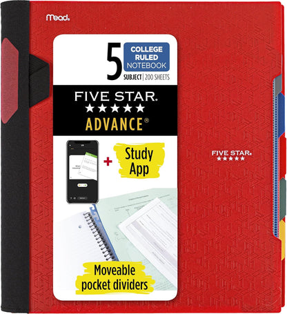 Five Star Advance Spiral Notebook + Study App, 5 Subject, College Ruled Paper, 8-1/2" x 11", 200 Sheets, Spiral Guard, Movable Tabbed Dividers, Black (73144)