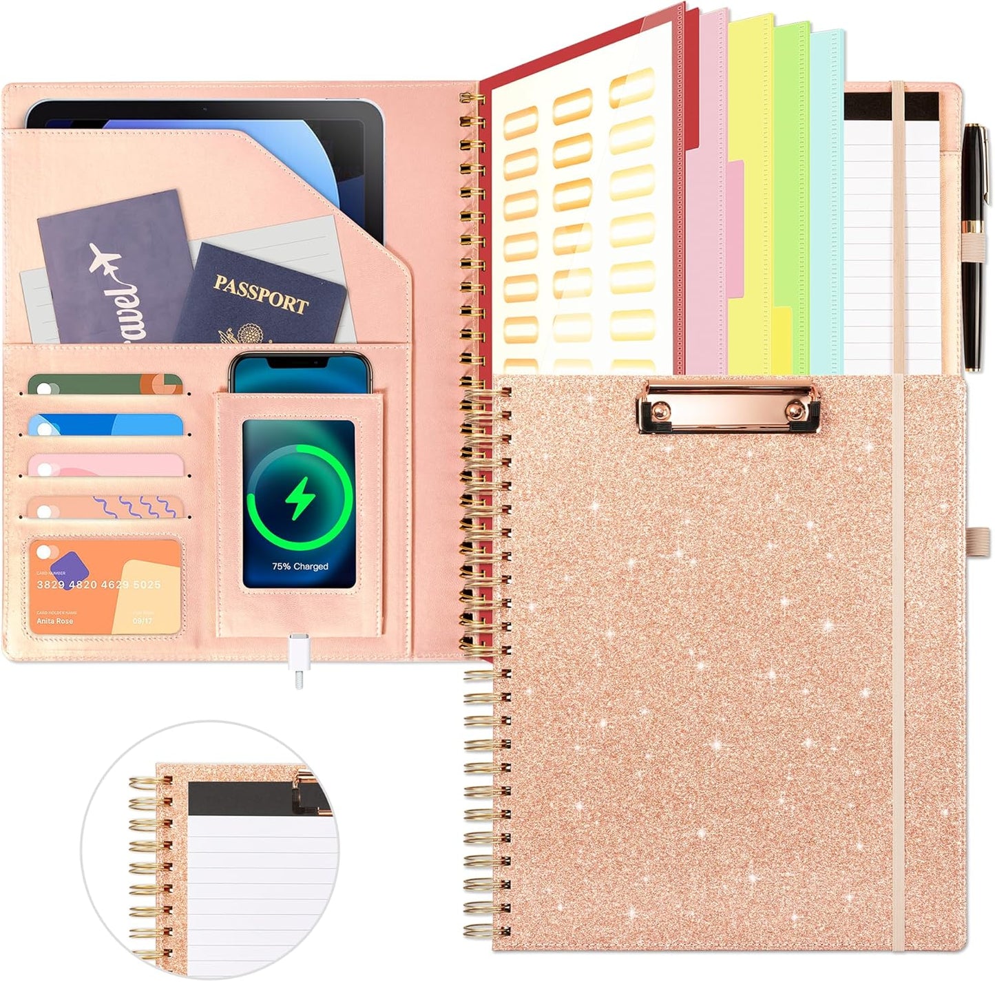 Ospelelf Clipboard with Storage for Women, Leather Padfolio Portfolio Organizer 5 Folders with 10 Pockets, Spiral Clipboard Folio with Notepad for Letter Size, Elastic Closure and Pen Loop Floral