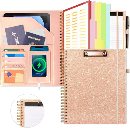 Ospelelf Clipboard with Storage for Women, Leather Padfolio Portfolio Organizer 5 Folders with 10 Pockets, Spiral Clipboard Folio with Notepad for Letter Size, Elastic Closure and Pen Loop Floral