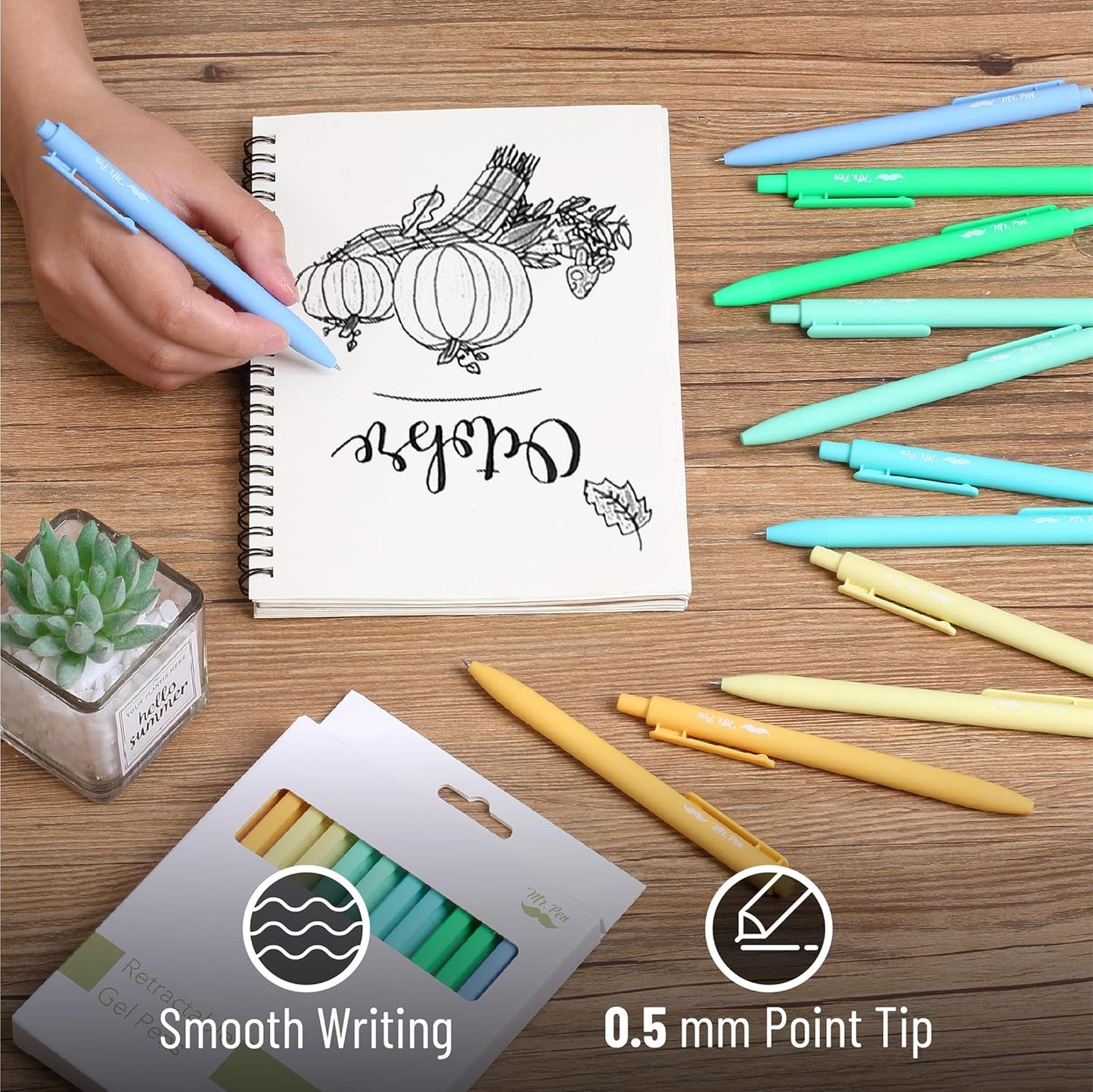 Mr. Pen- Retractable Gel Pens, 12 Pack, Colorful Ink, Fine Point 0.7mm, Fast Dry, Smooth Writing, Cute Pens for Drawing, Writing Planner and School Supplies