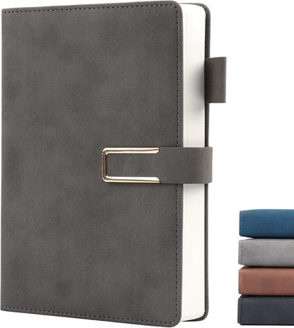 Hardcover Lined Notebook Journal for Women & Men,256 Pages 5.7 x 8.3 inches,A5 Ruled Notebooks Magnetic Closure Leather Journal,Daily for Work,Meeting,Travel,Writing,School and Note Taking (Gray)