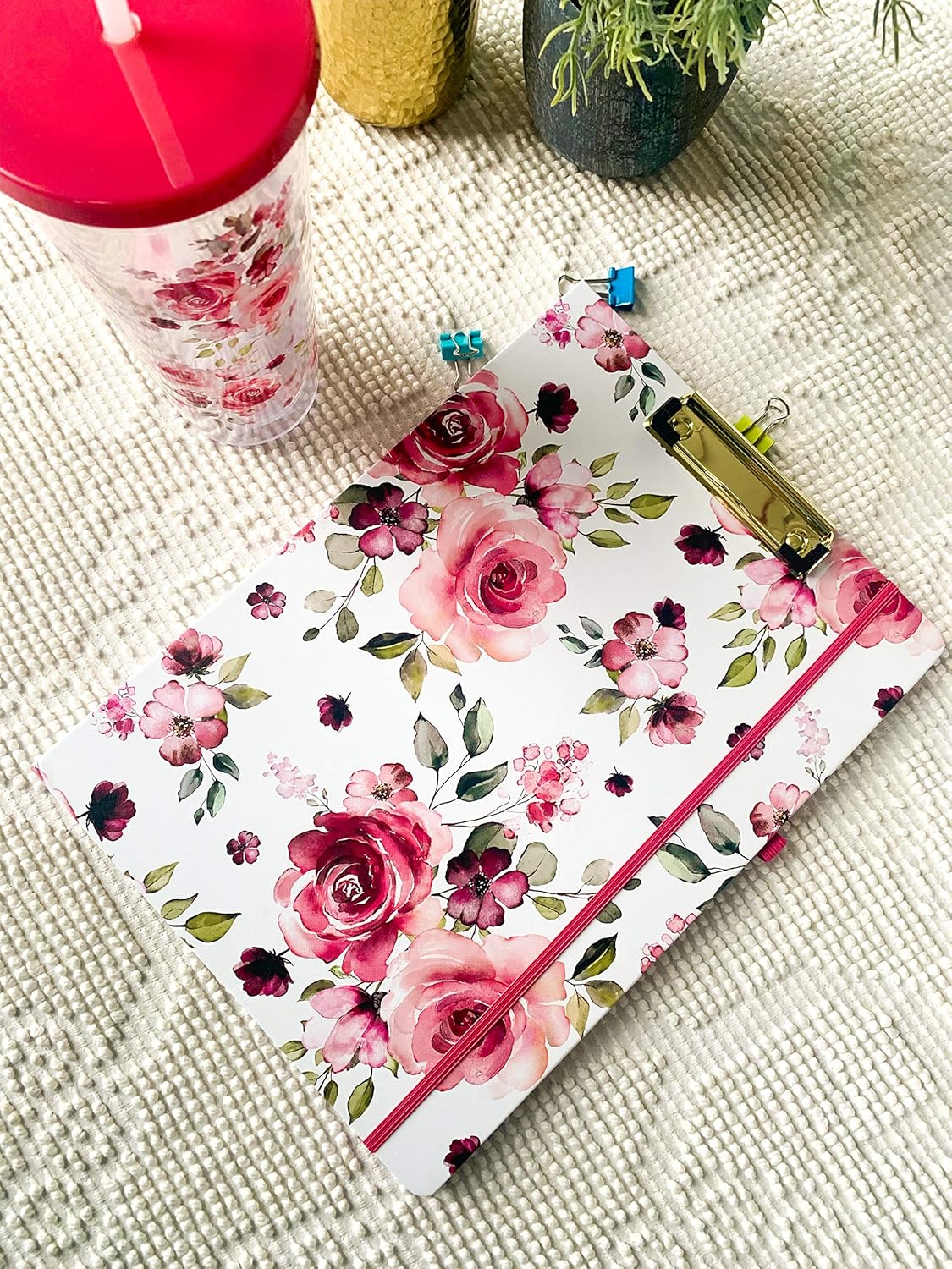 Steel Mill & Co Cute Clipboard Folio with Refillable Lined Notepad and Interior Storage Pocket, Floral Padfolio for Work, Garden Blooms Cream