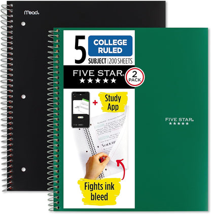 Five Star Spiral Notebook + Study App, 5 Subject, College Ruled Paper, 11" x 8-1/2", 200 Sheets, Black & Forest Green, 2 Pack (820190)