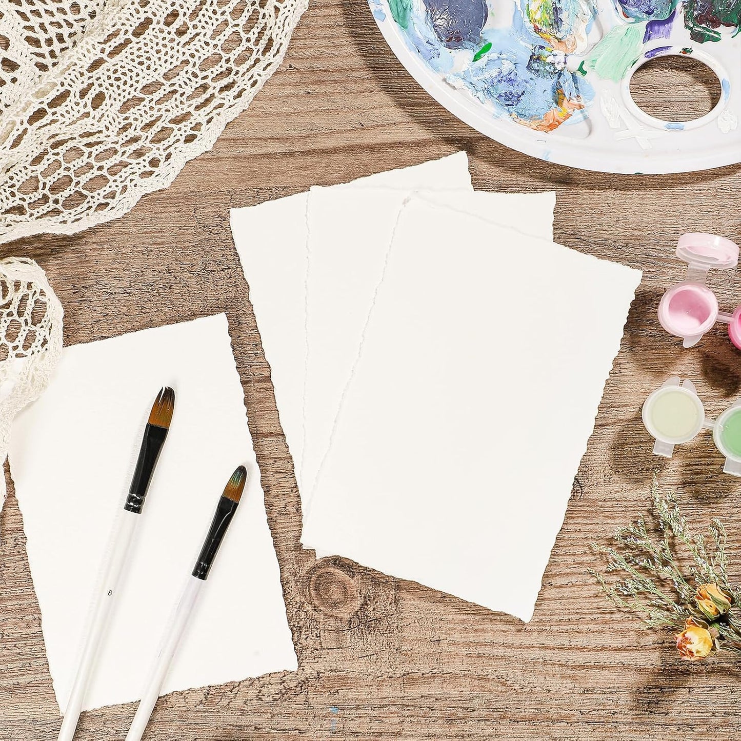 Prudiut 25 Sheets Cotton Watercolor Paper, 300 GSM Deckled Edge, 5 x 7 inch, Rough/Textured, White, for Watercolors, Wedding Invitations, Cards, Crafts