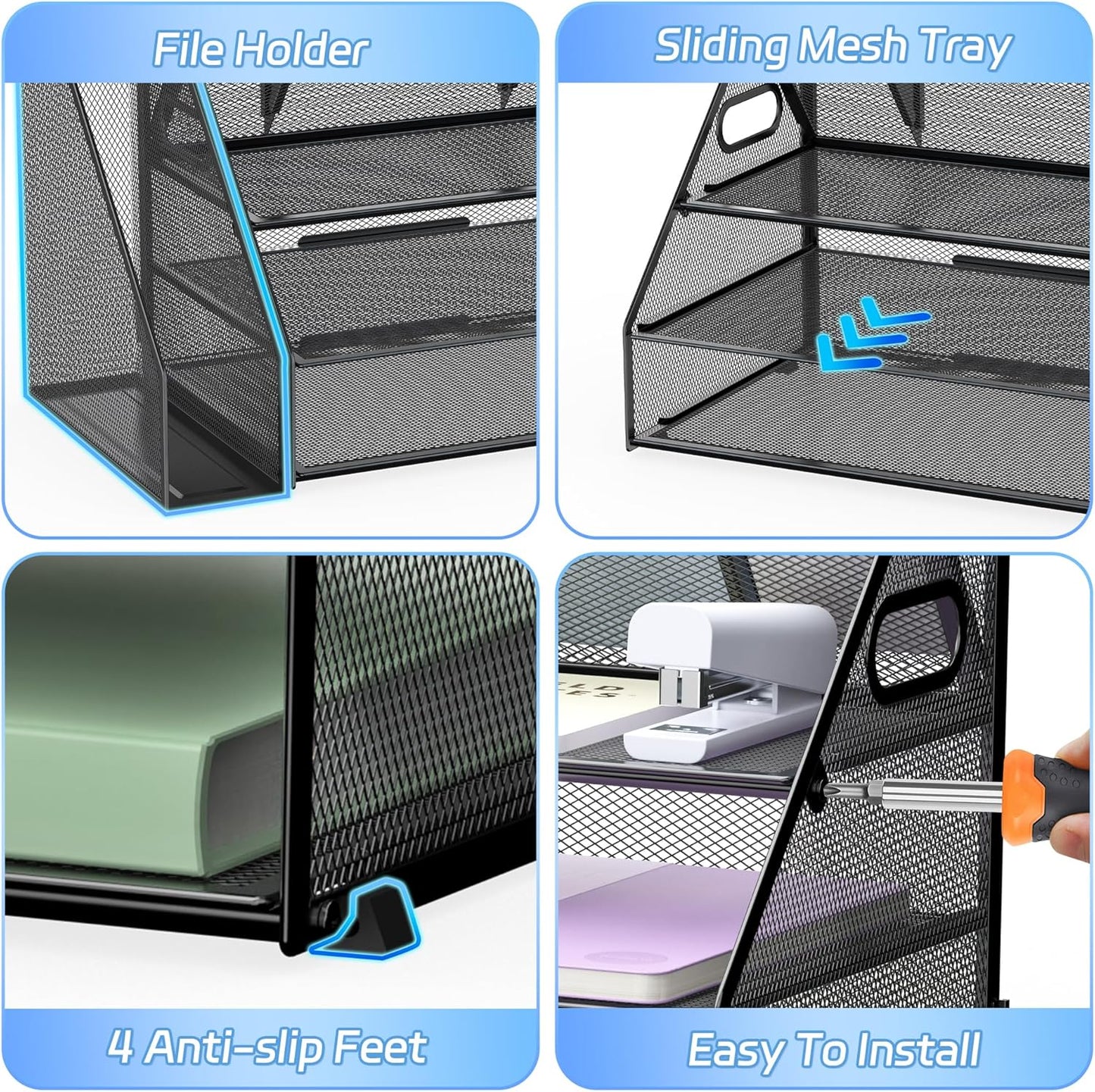 Docnest 5 Tier Letter Tray with Hanging File Organizer-Mesh Desk Organizer-Desktop Storage Box Built in Pen Holder and Handles, File Folder Holder for Mail Documents Office Supplies-Black