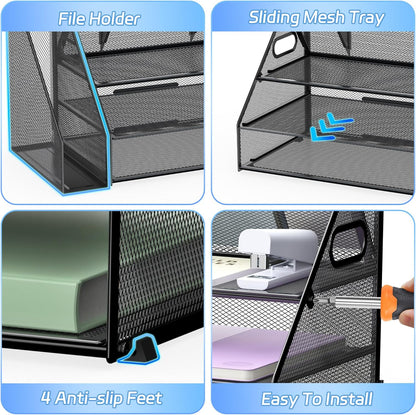 Docnest 5 Tier Letter Tray with Hanging File Organizer-Mesh Desk Organizer-Desktop Storage Box Built in Pen Holder and Handles, File Folder Holder for Mail Documents Office Supplies-Black