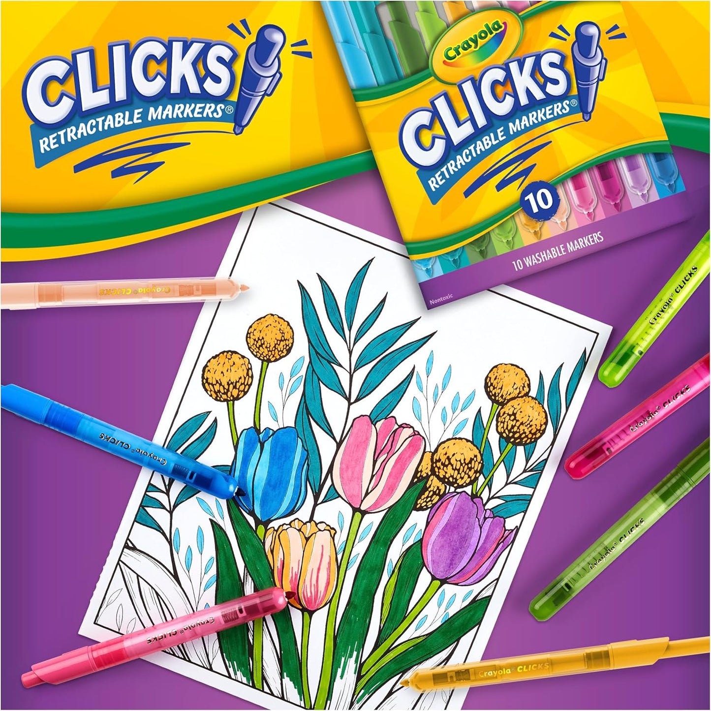 Crayola Clicks Retractable Markers Bold (10ct), Teacher Classroom School Supplies, Spring Crafts, No Dry Washable Markers for Kids