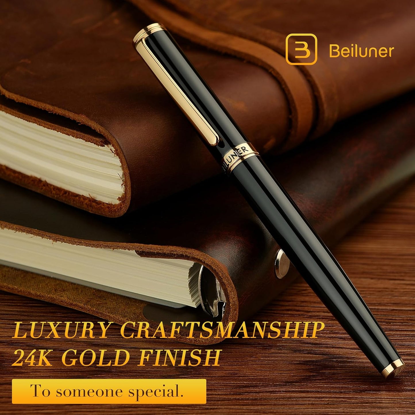 BEILUNER Luxury Rollerball Pen, Stunning Green Lacquer with 24K Gold Trim,Noble and Elegant Designs,Schneider Ink Refill, Best Gift Set for Men & Women, Refillable, Executive Writing, Nice Pens