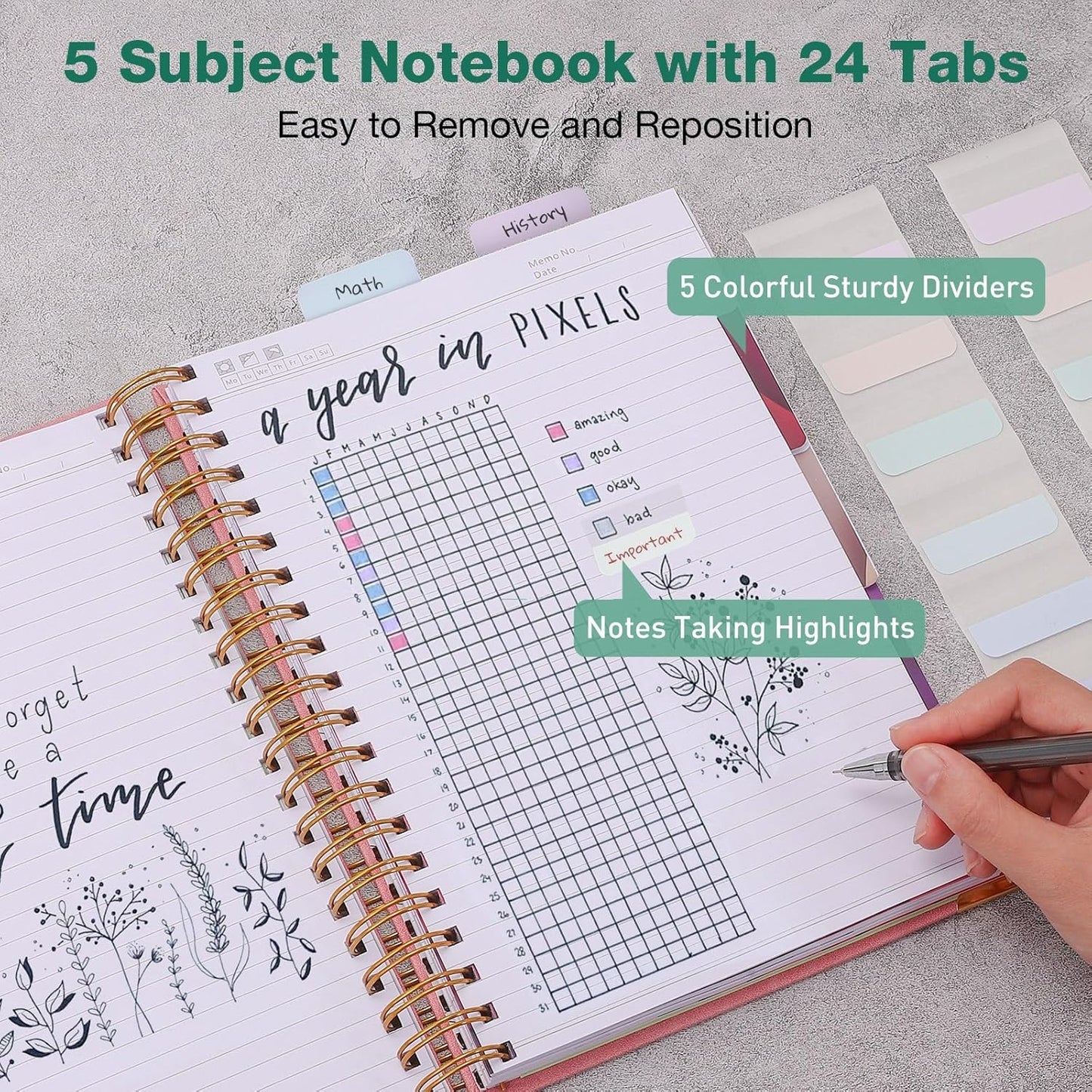 College Ruled Notebook, Spiral Notebook, Leather Hardcover Notebook Journal for Women Men, 5 Subject Notebook with Dividers, Journaling Notebooks for Work School, B5 Lined Notebook, 8" x 10", Teal