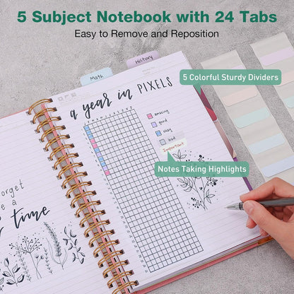College Ruled Notebook, Spiral Notebook, Leather Hardcover Notebook Journal for Women Men, 5 Subject Notebook with Dividers, Journaling Notebooks for Work School, B5 Lined Notebook, 8" x 10", Teal