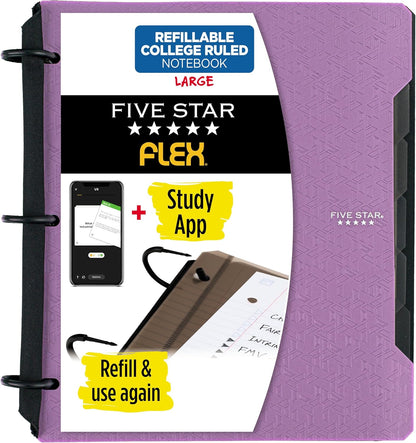 Five Star Flex Refillable Notebook + Study App 1 Inch O-Rings Binder with Pockets Tabs and Dividers, 220 Sheet Capacity, Includes 60 Sheets 8.5" x 11" College Ruled Paper, Prom Pink (293280R)