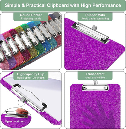 SFLHHDM 1 Pcs Clear Glitter Clipboards, Plastic Clipboard with Pen Holder, Size 8.85 x 12.4 in Shiny Clipboards with Low Profile Clip, Cute Hanging Clipboard for Office School Sparkly Clip Board-Pink