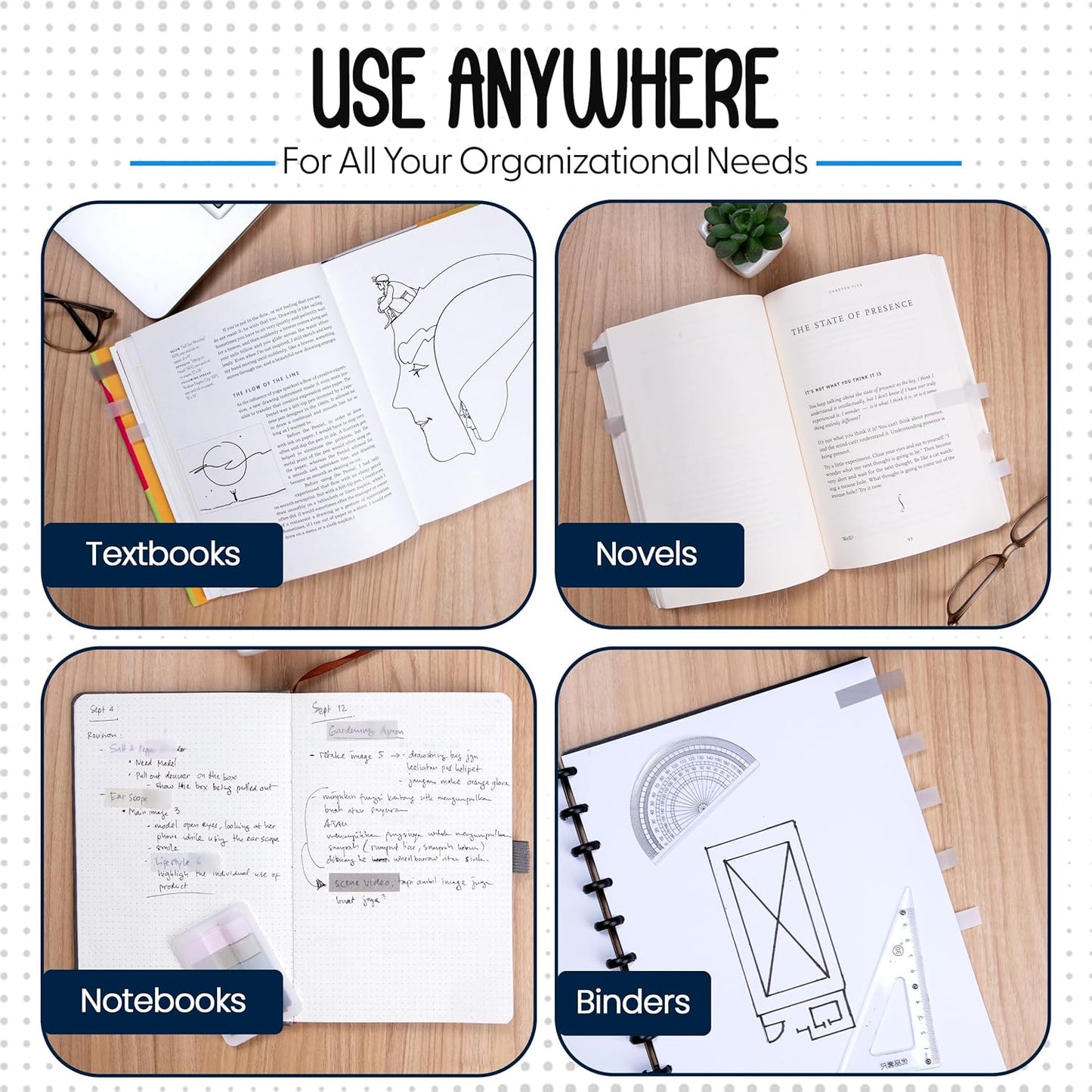 Essex Wares - 300 Pieces - Transparent Sticky Notes Tabs with Case - 5 Light Pastel Colors - 3 Cases - 1.8" x 0.4" - 60 Pieces - Pop Up Index Tabs - Book Flags for Annotating - Book Sticky Tabs