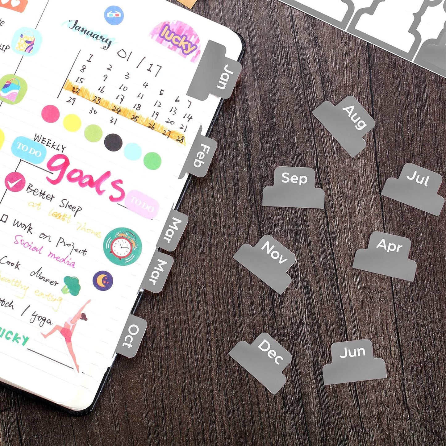 Outus 24 Pieces Monthly Adhesive Tabs for Planner - Designer Accessories Monthly Tabs Stickers Decorative for Office Planners Organizations Sturdy Notebook Planners Journal(Black)