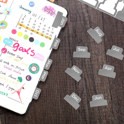 Outus 24 Pieces Monthly Adhesive Tabs for Planner - Designer Accessories Monthly Tabs Stickers Decorative for Office Planners Organizations Sturdy Notebook Planners Journal(Black)