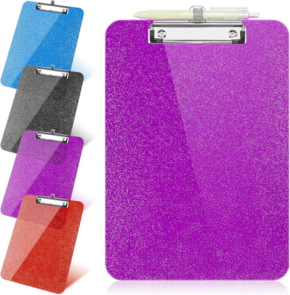 SFLHHDM 1 Pcs Clear Glitter Clipboards, Plastic Clipboard with Pen Holder, Size 8.85 x 12.4 in Shiny Clipboards with Low Profile Clip, Cute Hanging Clipboard for Office School Sparkly Clip Board-Pink