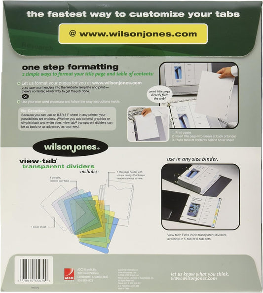 Wilson Jones View-Tab Index Dividers, 8-Tab, Extra Wide Square, Letter, Assorted, 8 per Set (55070)