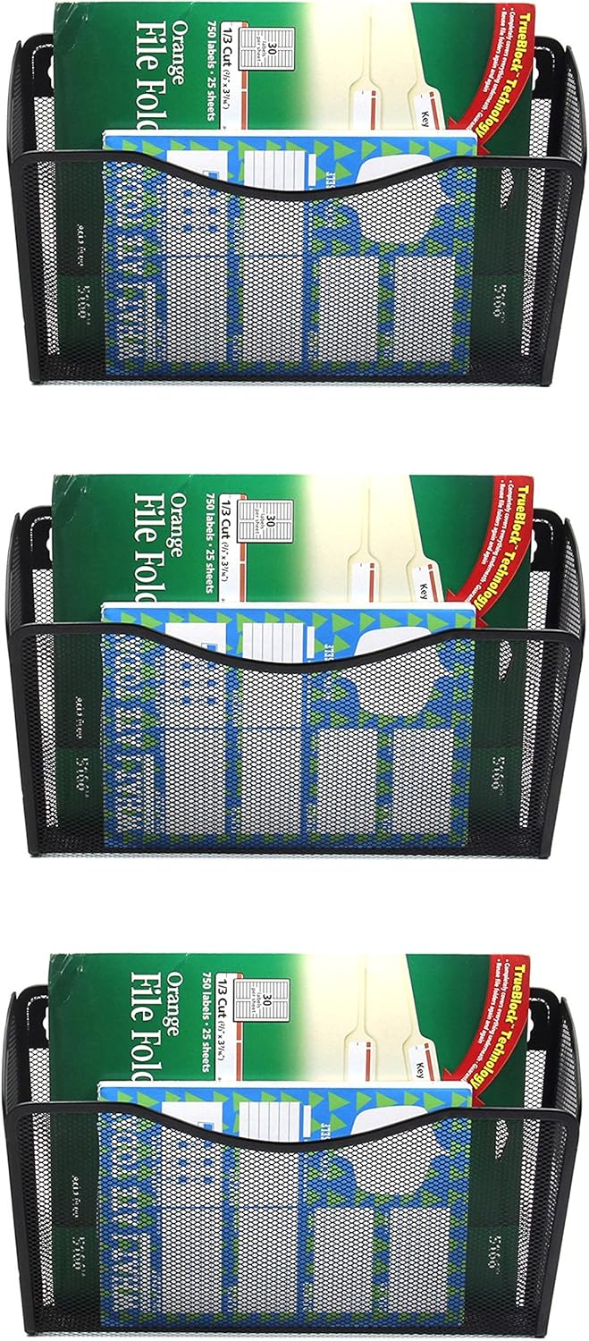 EASEPRES 3 Single Pocket Mesh Hanging File Organizer, Vertical Wall Mounted Magazine File Holder, Mount Basket Mail Paper Document Folder Organizing for Office, Home and School, Black