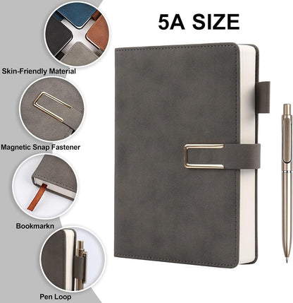 Hardcover Lined Notebook Journal for Women & Men,256 Pages 5.7 x 8.3 inches,A5 Ruled Notebooks Magnetic Closure Leather Journal,Daily for Work,Meeting,Travel,Writing,School and Note Taking (Gray)