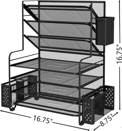 Simple Trending 7 Tier Desk File Organizer, Letter Tray Paper Organizer with Pen Holder and Metal Hanging Basket, Black