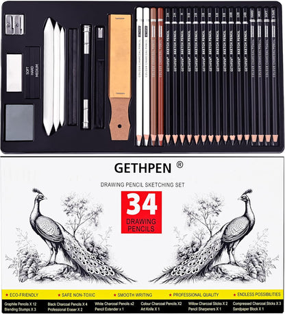 Drawing Sketching Pencil Set, 24 Piece Pro Artist Sketch Kit - Graphite Pencils (12B-4H),Charcoal Pencils for Drawing,Black and White Charcoal Pencils,Charcoal Sticks,Stumps,Eraser,Sharpeners