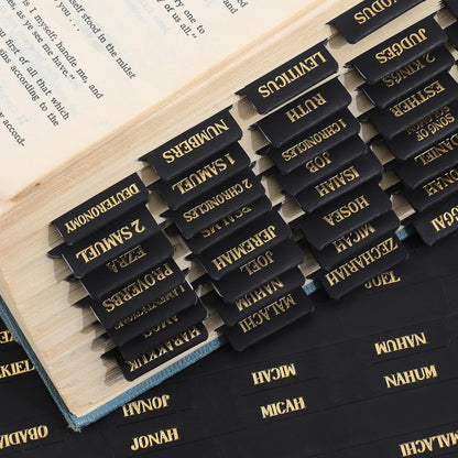 Laminated Bible Tabs, Gold Foil Embossed Lettering Bible Chapter Index Tabs for Women Men, Reposition Large Print Sticky Labels, Easy to Read and Apply, 105Chapters Labels for Easy Navigation (Black)