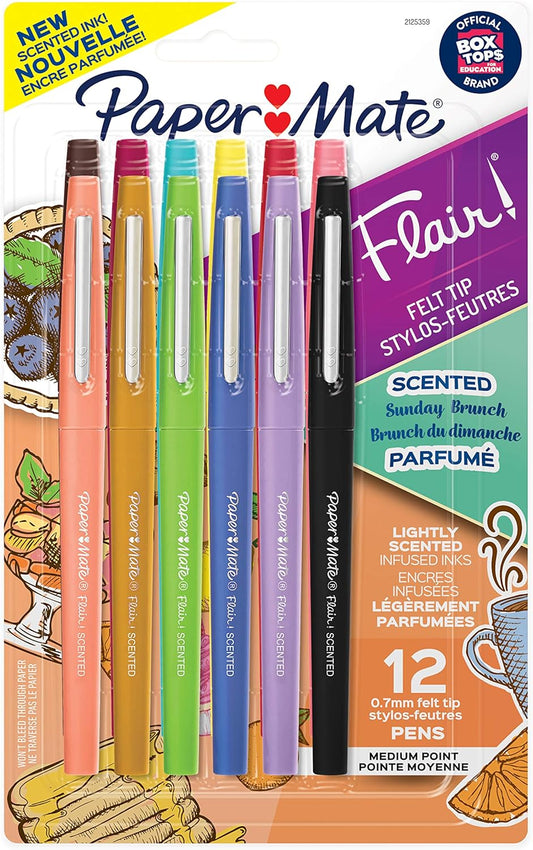 Paper Mate Flair, Scented Felt Tip Pens, Assorted Sunday Brunch Scents and Colors, 0.7mm, 12 Count