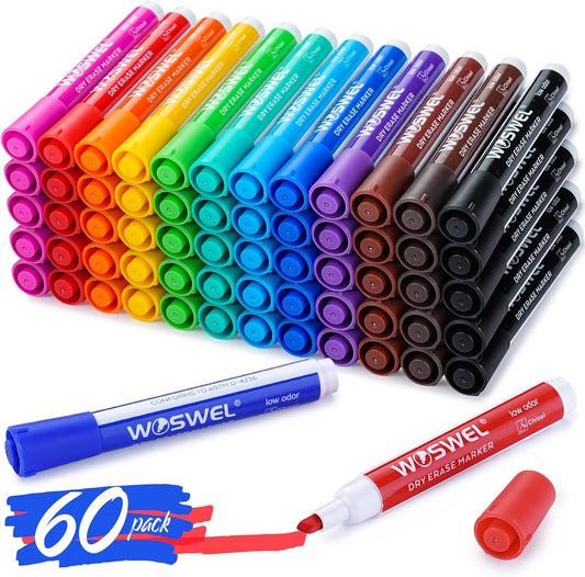 WOSWEL Dry Erase Markers, 60 Bulk Pack, 12 Assorted Colors Chisel Tip Whiteboard Markers, Chisel Point Low Odor Dry Erase Markers