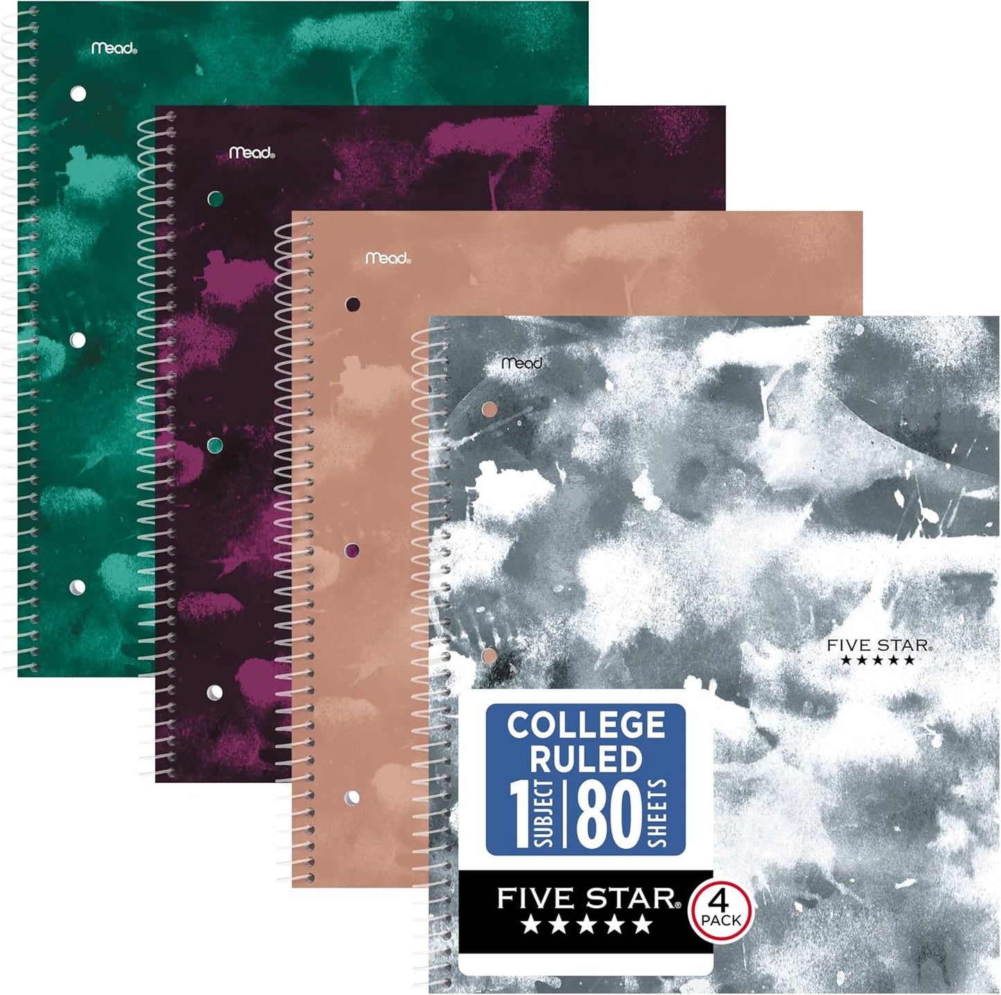Five Star Spiral Notebook + Study App, 1 Subject, College Ruled Paper, 8-1/2" x 11", 80 Sheets, Styles, 4 Pack (850222F)