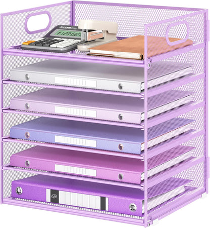 Lavatino 5 Tray Desk File Organizer, Black Mesh Paper Sorter Letter Tray Organizer with Handle, Desktop File Organizer and Storage for Letter/A4 Office File Folder