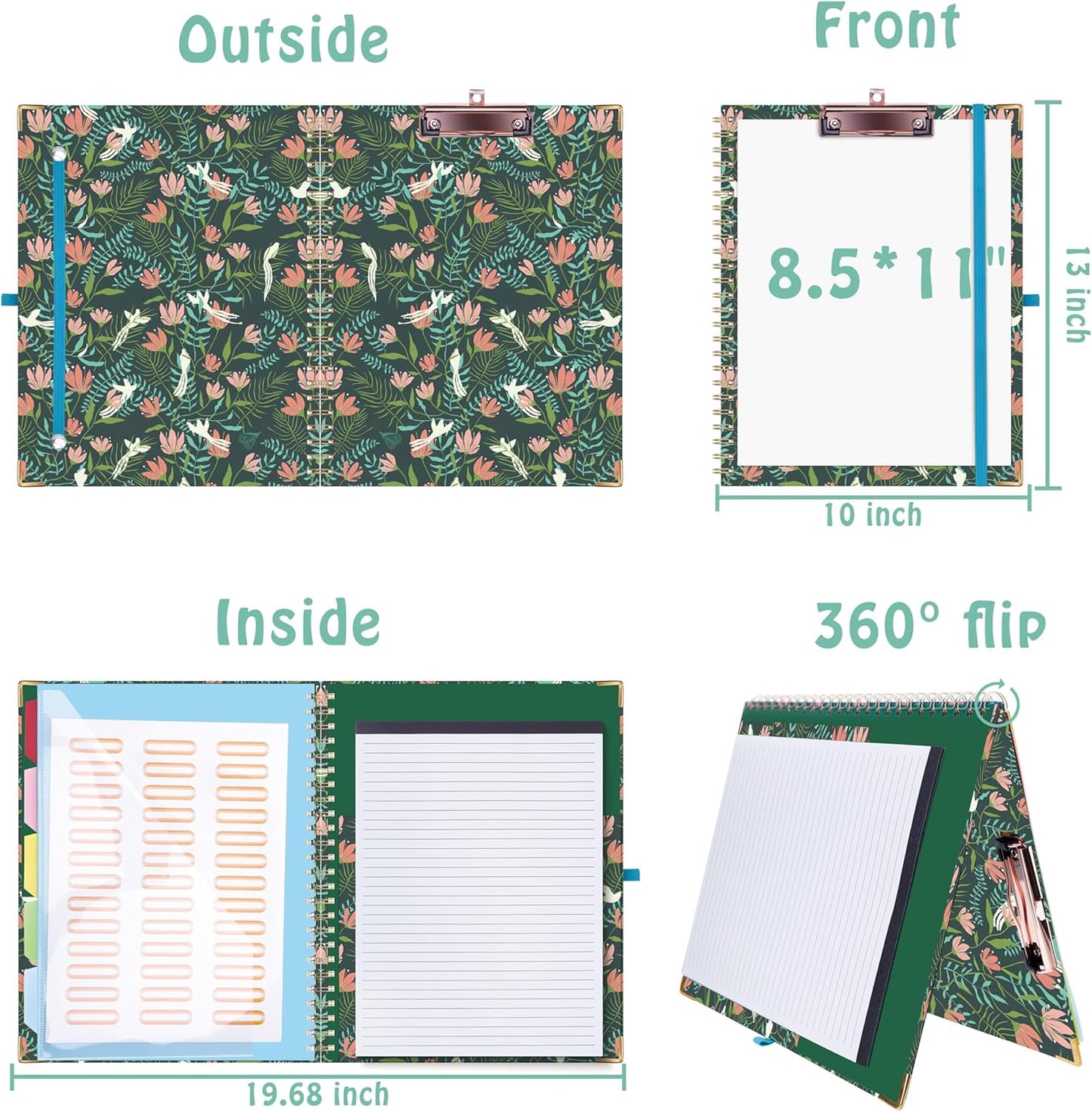 HAUTOCO Clipboard Folio with Refillable Notepad for Letter Size (11" x 8.5"), 5 Dividers with 10 Pockets, Elastic Pen Holder and File Folder Labels, Spiral Nurse Clipboard Artboard(Green)