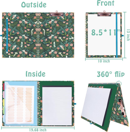 HAUTOCO Clipboard Folio with Refillable Notepad for Letter Size (11" x 8.5"), 5 Dividers with 10 Pockets, Elastic Pen Holder and File Folder Labels, Spiral Nurse Clipboard Artboard(Green)