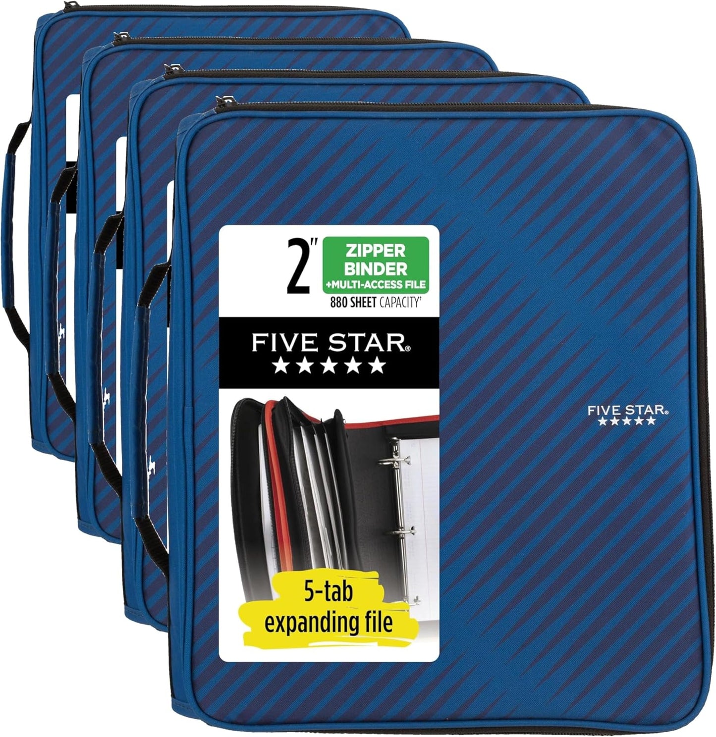 Five Star Zipper Binder, 2 Inch 3-Ring Binder with Round Rings, 5-Tab Expanding File, 380 Sheet Capacity, Black (72536)