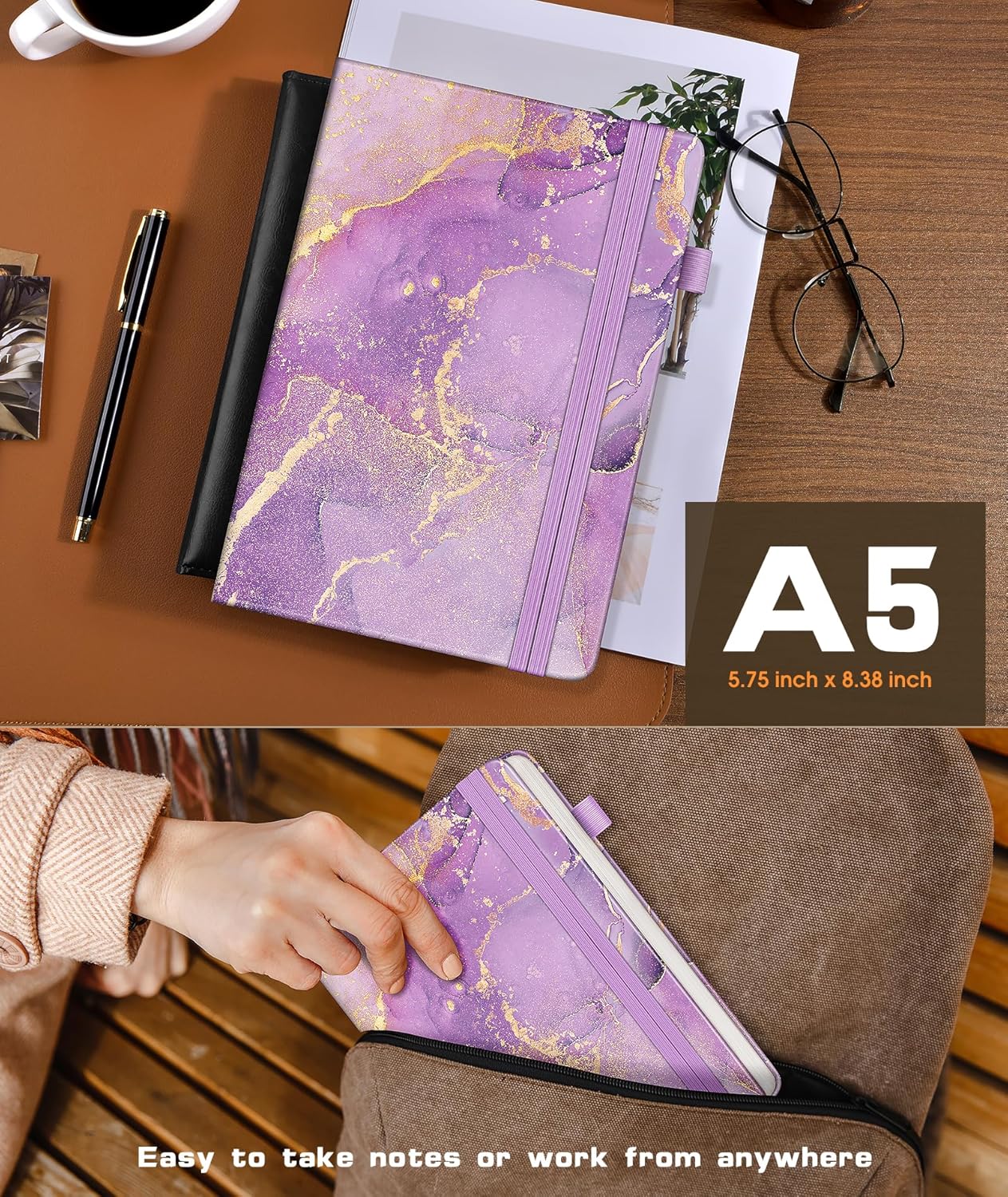 Lined Journal Notebook for Women Men, 256 Numbered Pages Hardcover Leather Journals for Writing, A5 Journaling Notebooks, College Ruled Journal for Business Work School Note Taking 5.75" x 8.38" Brown