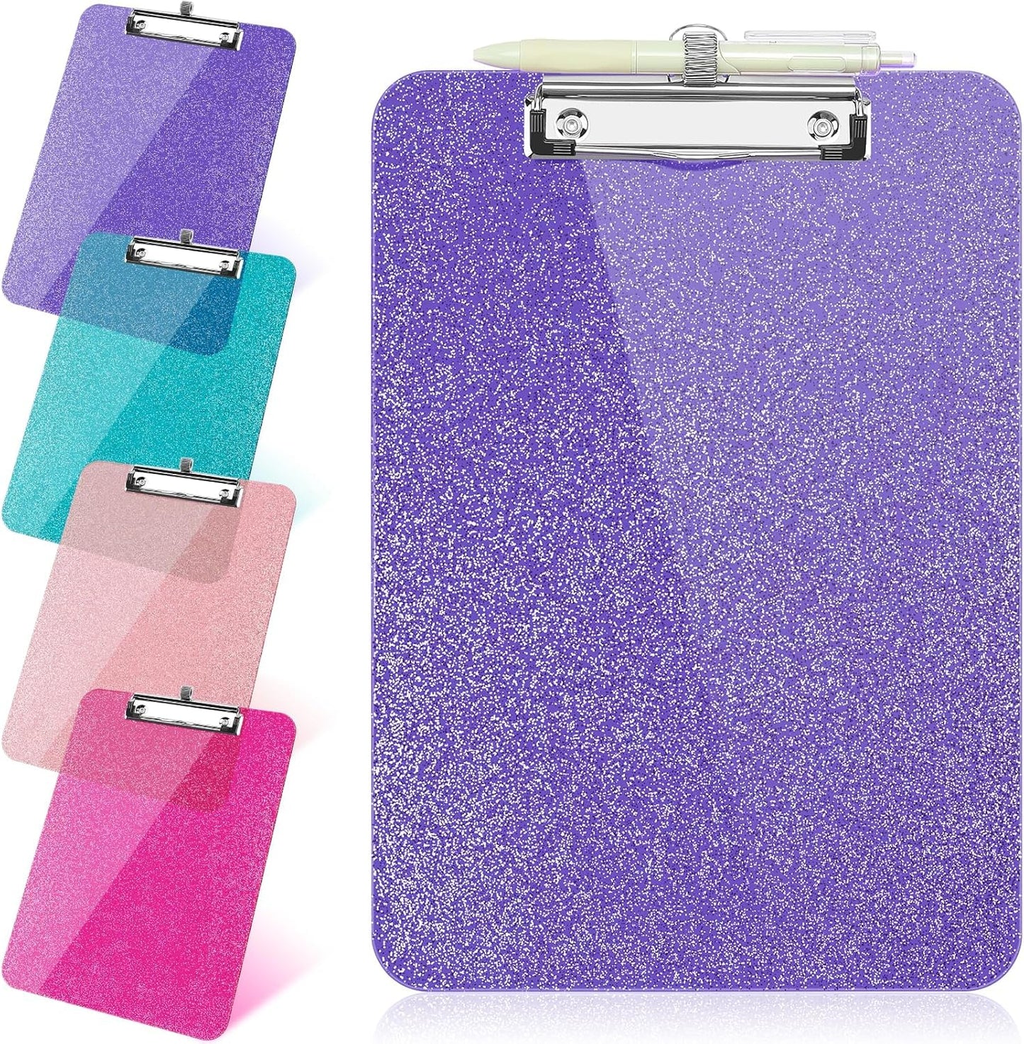 SFLHHDM 1 Pcs Clear Glitter Clipboards, Plastic Clipboard with Pen Holder, Size 8.85 x 12.4 in Shiny Clipboards with Low Profile Clip, Cute Hanging Clipboard for Office School Sparkly Clip Board-Pink