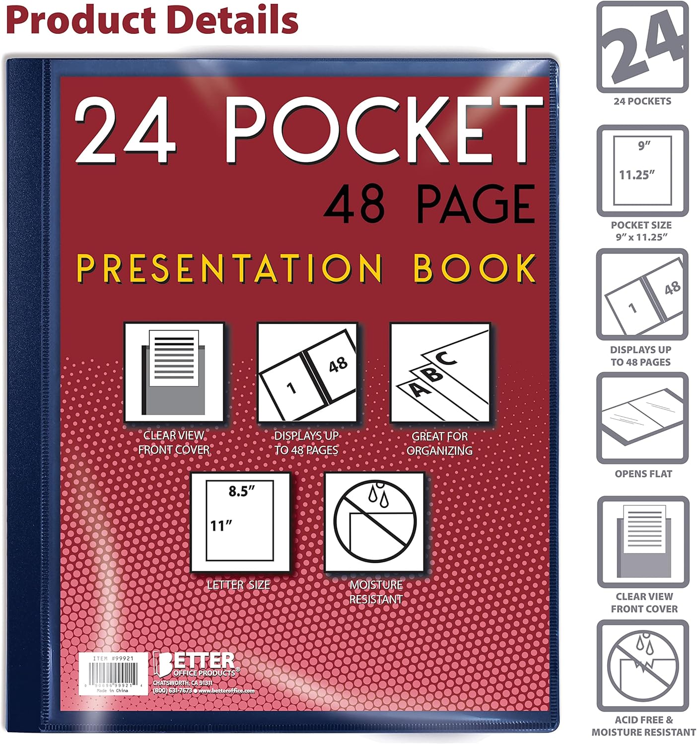 Better Office Products 24 Pocket Bound Presentation Book, Blue with Clear View Front Cover, 48 Sheet Protector Pages, 8.5" x 11" Sheets, Art Portfolio, Durable Poly Covers, Letter Size, Blue