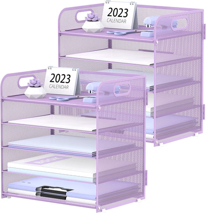 Supeasy 5 Trays Paper Organizer Letter Tray with Handle-Mesh Desk File Holders, Paper Sorter Desk Organizer for Office, Home, Classroom or School