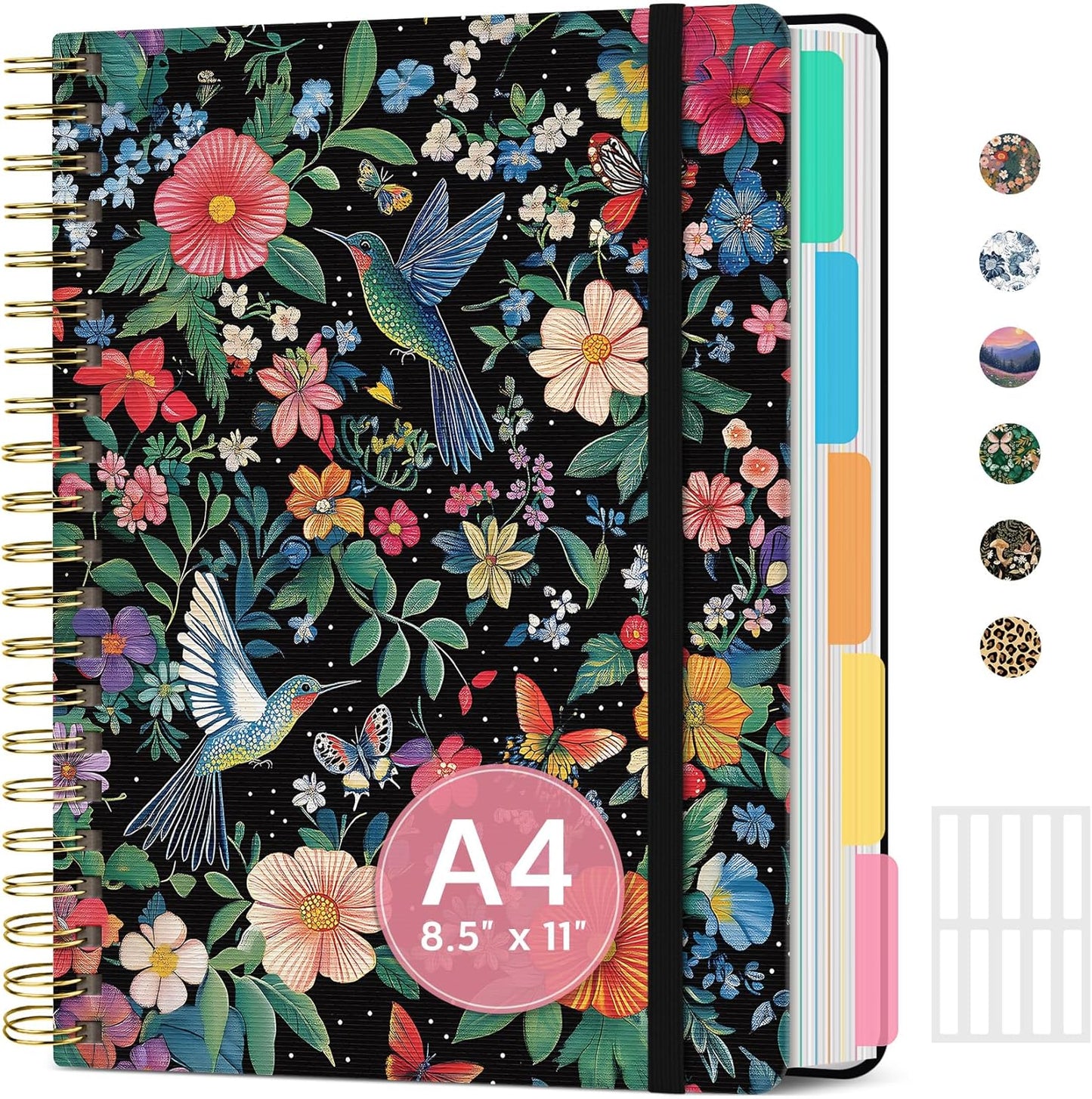 Large Spiral Notebook with Dividers & Tabs, 8.5" x 11" Hardcover 5 Subject Notebook for Work, 280 pages, College Ruled, Cute Journal for Women, Perfect for Study & Office Note Taking, Garden