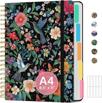 Large Spiral Notebook with Dividers & Tabs, 8.5" x 11" Hardcover 5 Subject Notebook for Work, 280 pages, College Ruled, Cute Journal for Women, Perfect for Study & Office Note Taking, Garden