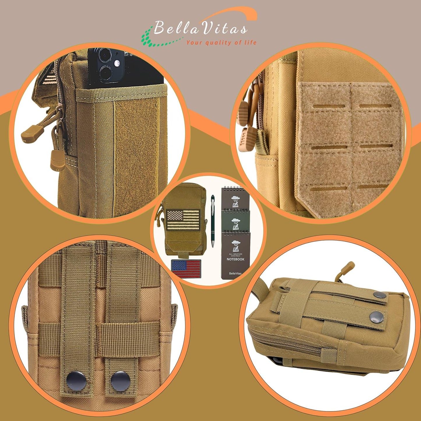 Tactical Molle Pouch Small Notebook Cover EDC Utility Bag Tool Pouch Gadget Organizer Military Waist Bag with US Flag Patch, 3”x5” Waterproof Notepad Pocket Notebook and Weatherproof Pen