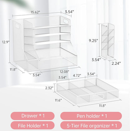 SUPEASY Desk Organizer with File Holder, 5-Tier Mesh Paper Letter Tray Organizer with Pen Holder and Drawer, Desktop Organizer and Storage with 3 Tilted File Sorter for Office Supplies, Blue