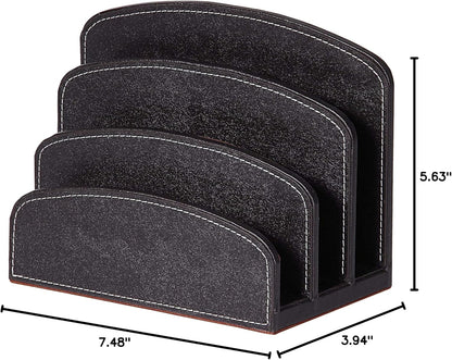 OSCO Black Faux Leather Letter Holder | Mail Sorter | Post Rack | Envelope Organiser | Document Stand | Desk File Storage | Display Slots | H14 x W17.5 D10 cm |