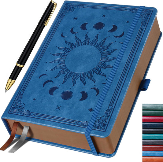 Journal Notebook for Women/Men, Daily for Classic Lined Writing,360 Pages Leather Hardcover with Vintage Sun & Moon Design, SeaGreen, A5 (14.5 x 21 cm)